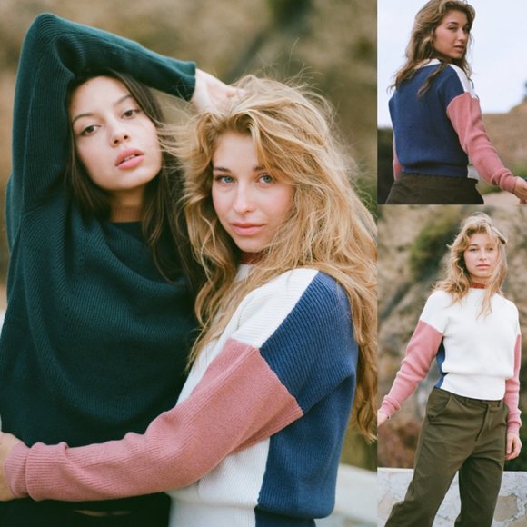 NEW Comune Bonnie Pink Indigo Ivory Colorblock Rib Knit Crew Neck Sweater $88 - Picture 12 of 13